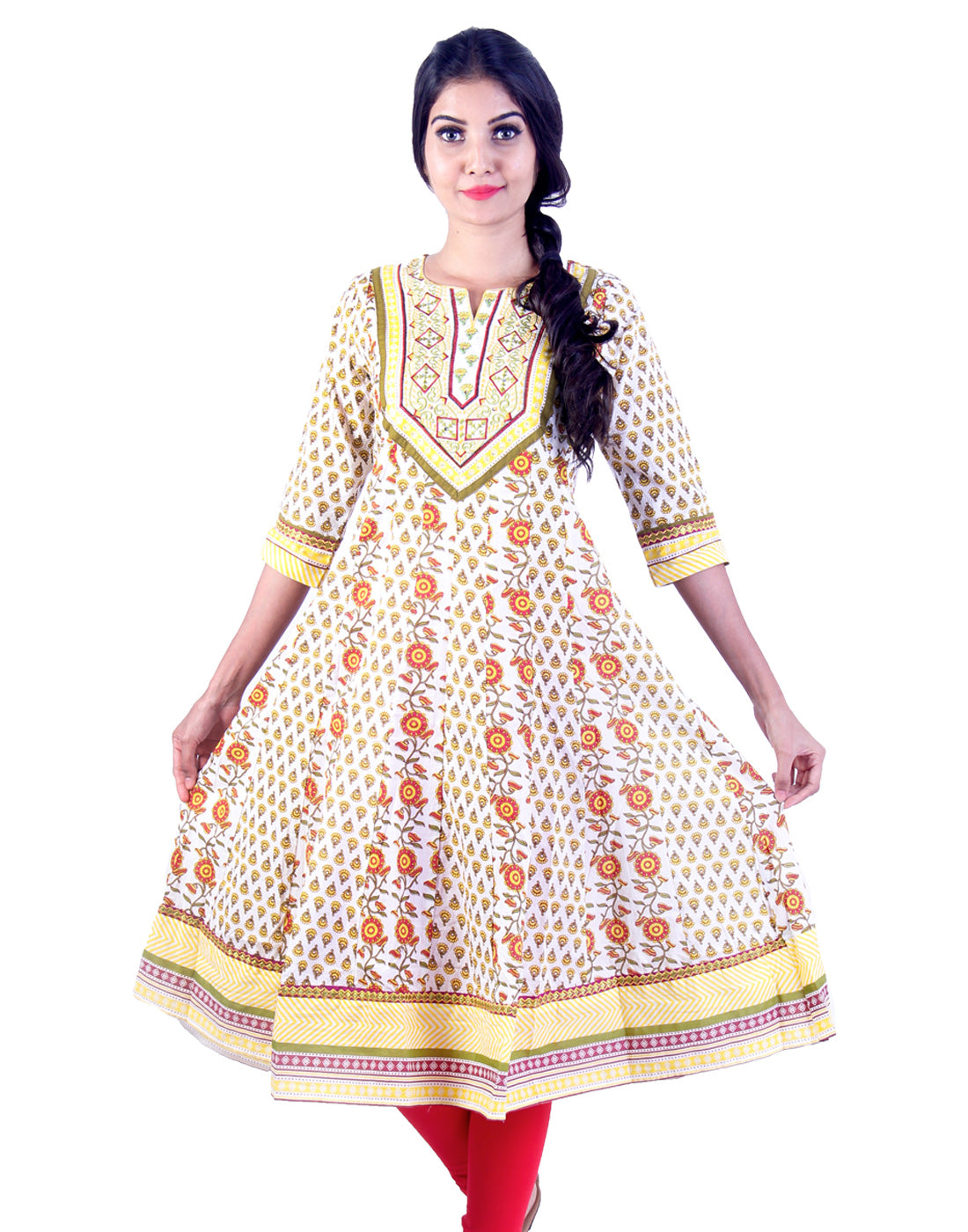 White and Yellow rose embroidded anarkali kurta