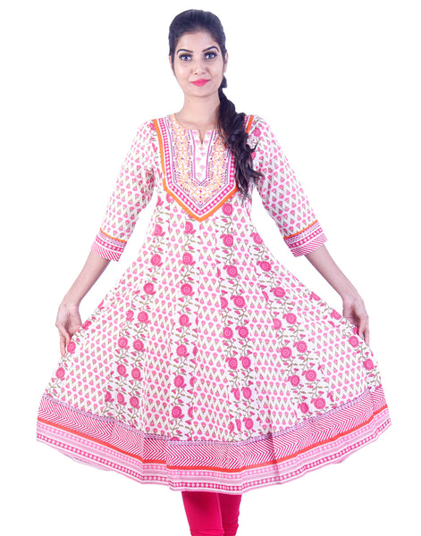 White and Pink rose embroidded anarkali kurta