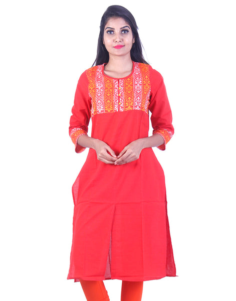 Orange Embroidded design Straight cut kurta